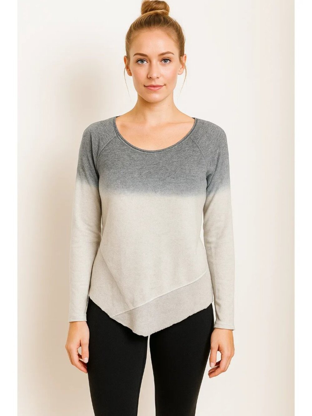 Gilded Intent Ombre Gray & White Sweatshirt Asymmetrical Hem Long Sleeves Womens